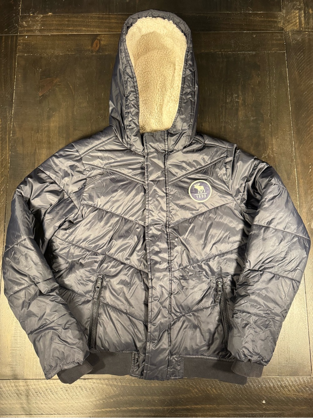 abercrombie kids Navy Hooded Quilted Puffer Jacket with Sherpa Lining